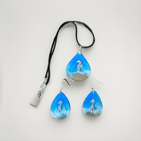 Southern Sista Jewelry - Handmade Ocean Theme With Seahorse Charm Epoxy Resin Earrings And Necklace Set